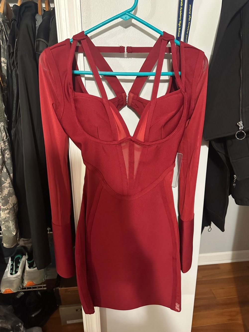 Fashion Nova Burgundy Strappy Long-Sleeve Bodycon Dress
